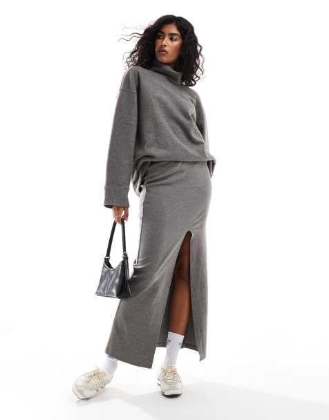 ASOS DESIGN supersoft split front maxi skirt in charcoal marl - view 1