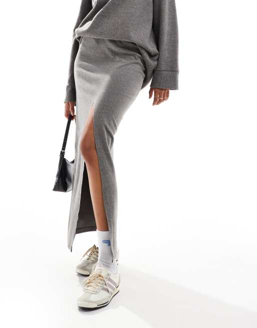 ASOS DESIGN supersoft split front maxi skirt in heathered charcoal