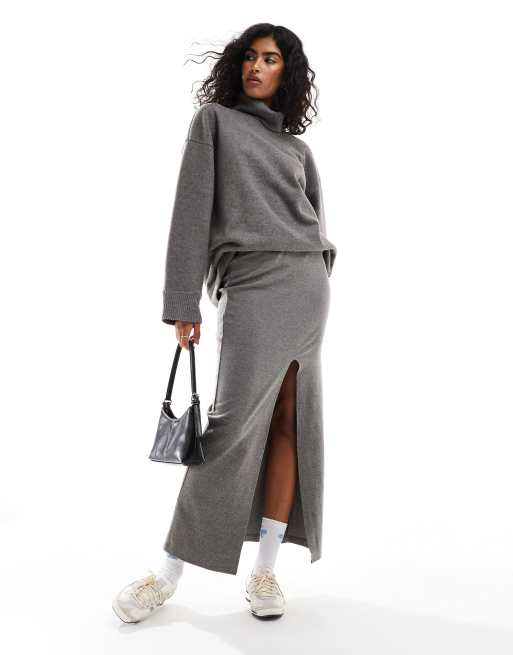 ASOS DESIGN supersoft split front maxi skirt in heathered charcoal