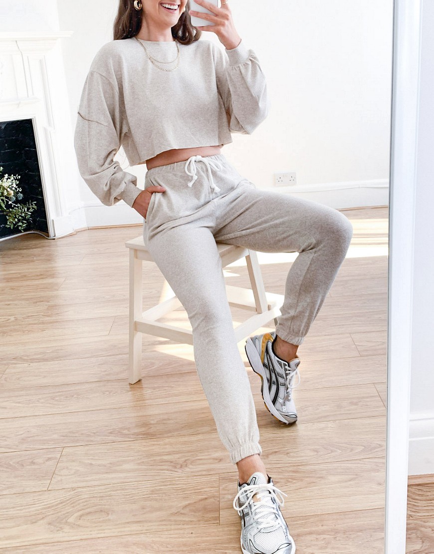 ASOS DESIGN supersoft sweatshirt with raw hem and sweatpants set in neutral