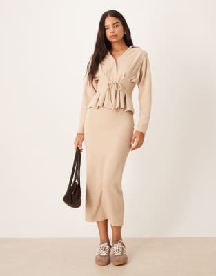Asos Design Supersoft Tie Detail Cinched Long Sleeve Polo In Neutral