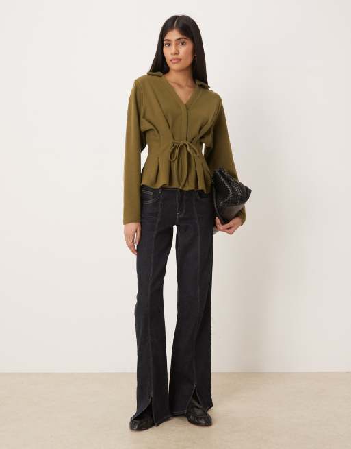 ASOS DESIGN Supersoft tie detail cinched long sleeve polo top in dark olive, 2 of 4
