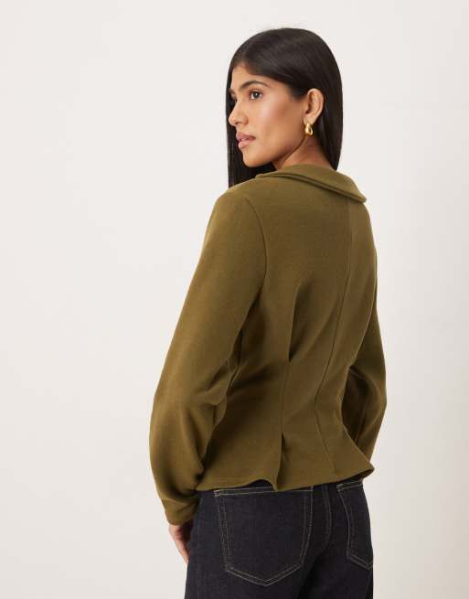 ASOS DESIGN Supersoft tie detail cinched long sleeve polo top in dark olive, 3 of 4