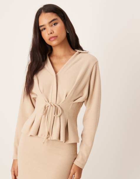 ASOS DESIGN supersoft tie detail cinched long sleeve polo top in light taupe (part of a set) - view 1