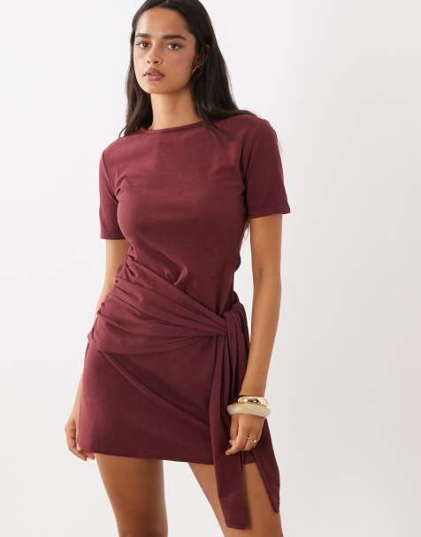ASOS DESIGN supersoft tie side mini dress in burgundy - view 1