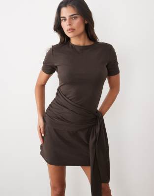 Asos Design Supersoft Tie Side Mini Dress In Brown