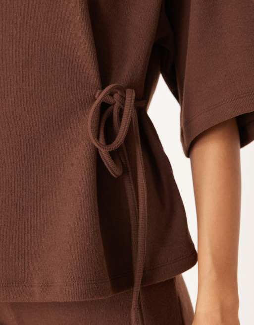 ASOS DESIGN Supersoft tie side tee co-ord in chocolate - BROWN, 2 of 4
