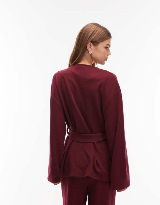 ASOS DESIGN Supersoft tie waist cardigan in dark cherry - part of a set