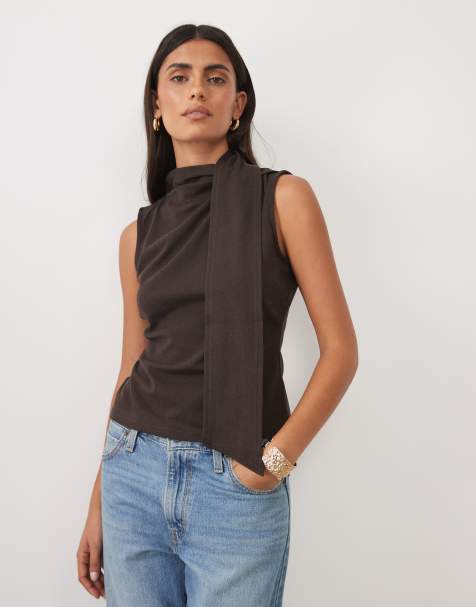 ASOS DESIGN supersoft top med bindebånd i halsen i chokolade - view 1