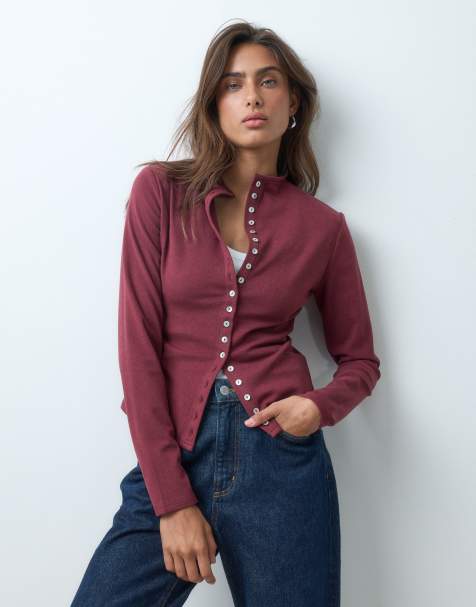 ASOS DESIGN supersoft top med knapper i burgundy - view 1