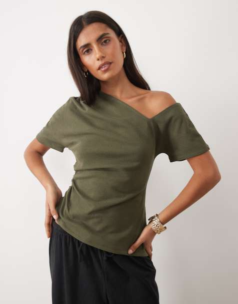 ASOS DESIGN supersoft top z asymetrycznym dekoltem w kolorze oliwkowym - view 1