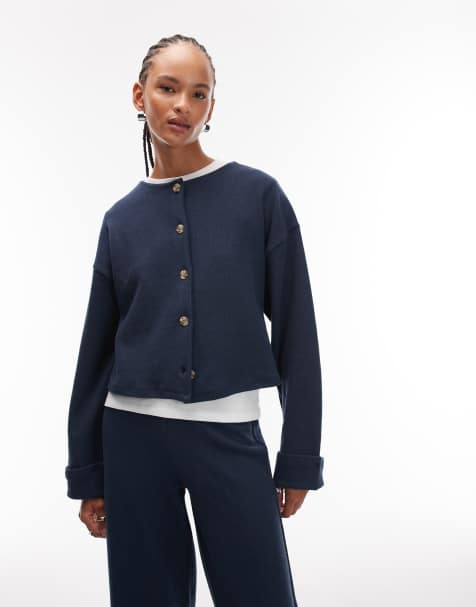 ASOS DESIGN Supersoft touch button up cardigan with turn up cuff in navy - part of a set - view 1