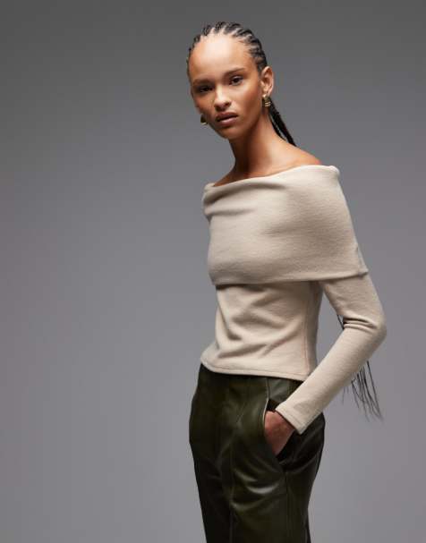 ASOS DESIGN Supersoft fold over off shoulder top in beige