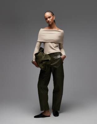 Asos Design Supersoft Touch Fold Over Off Shoulder Top In Neutral