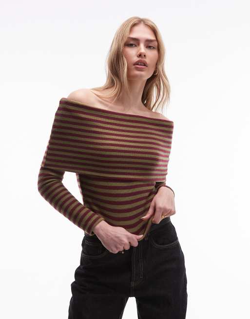 ASOS DESIGN Supersoft touch fold over off shoulder top in burgundy and khaki stripe