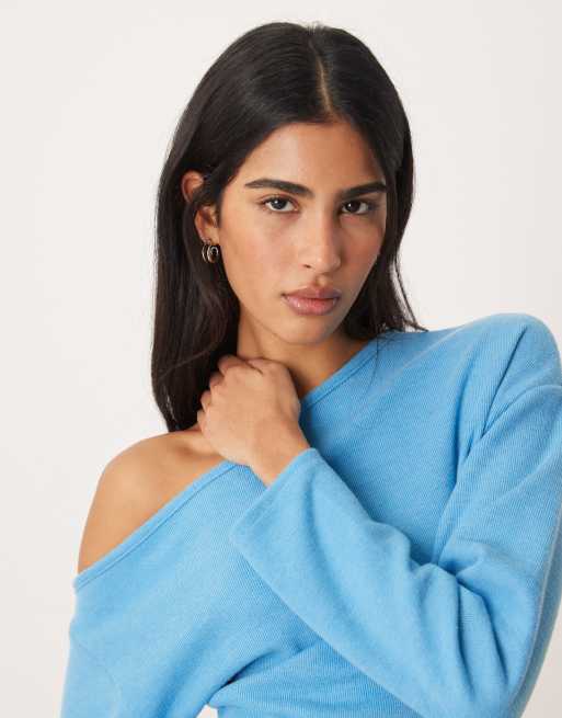 ASOS DESIGN Supersoft touch off shoulder corset waist long sleeve top in bright blue, 3 of 4