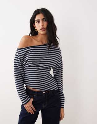 Asos Design Supersoft Touch Off Shoulder Corset Waist Long Sleeve Top In Blue