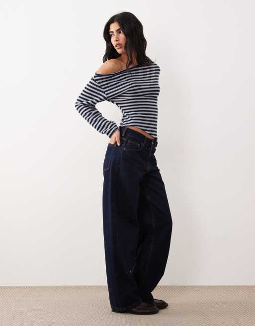 ASOS DESIGN Supersoft touch off shoulder corset waist long sleeve top in pink stripe, 2 of 4