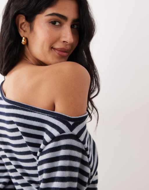ASOS DESIGN Supersoft touch off shoulder corset waist long sleeve top in pink stripe, 3 of 4