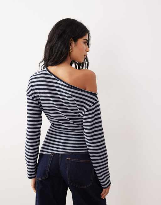 ASOS DESIGN Supersoft touch off shoulder corset waist long sleeve top in pink stripe, 4 of 4
