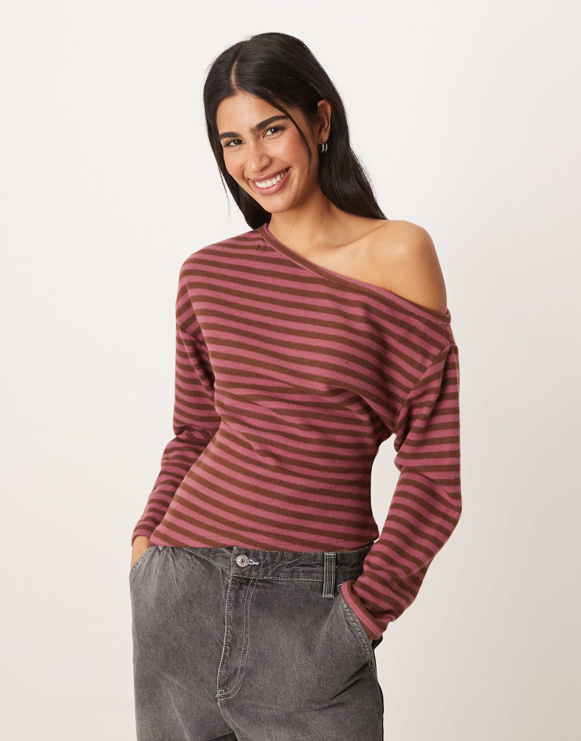 asos design supersoft touch off shoulder corset waist long sleeve top in pink stripe