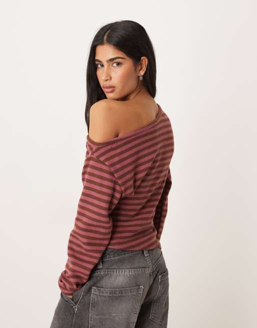ASOS DESIGN Supersoft touch off shoulder corset waist long sleeve top in pink stripe