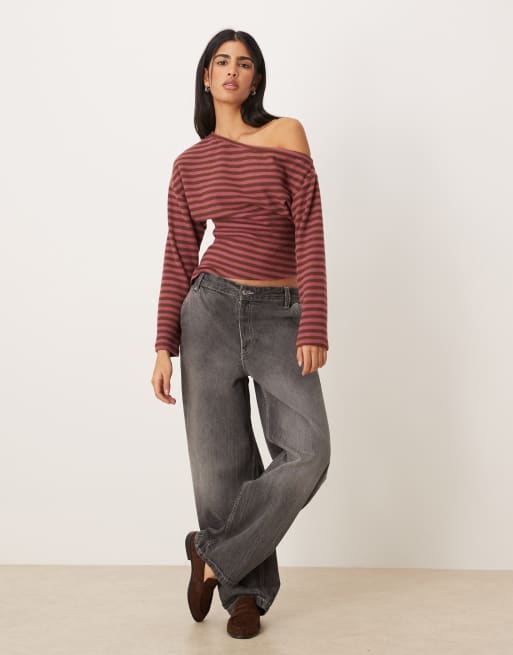 ASOS DESIGN Supersoft touch off shoulder corset waist long sleeve top in pink stripe