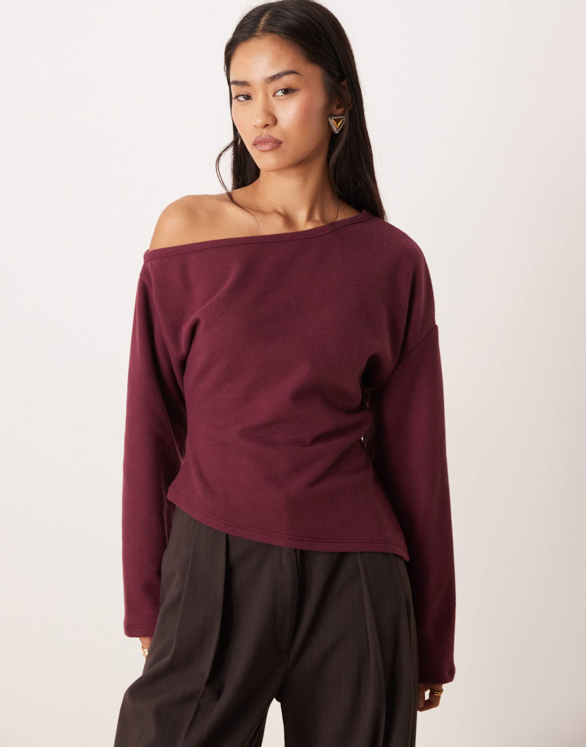 asos design supersoft touch off the shoulder corset waist long sleeve top in wine