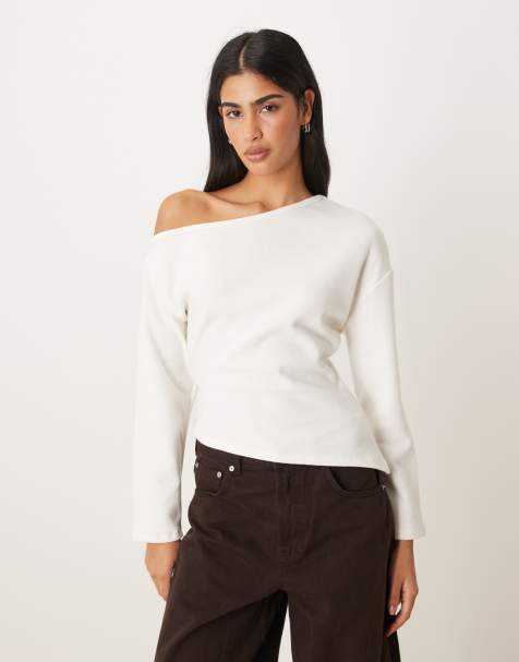 ASOS DESIGN supersoft touch off the shoulder corset waist long sleeve top in winter white - view 1