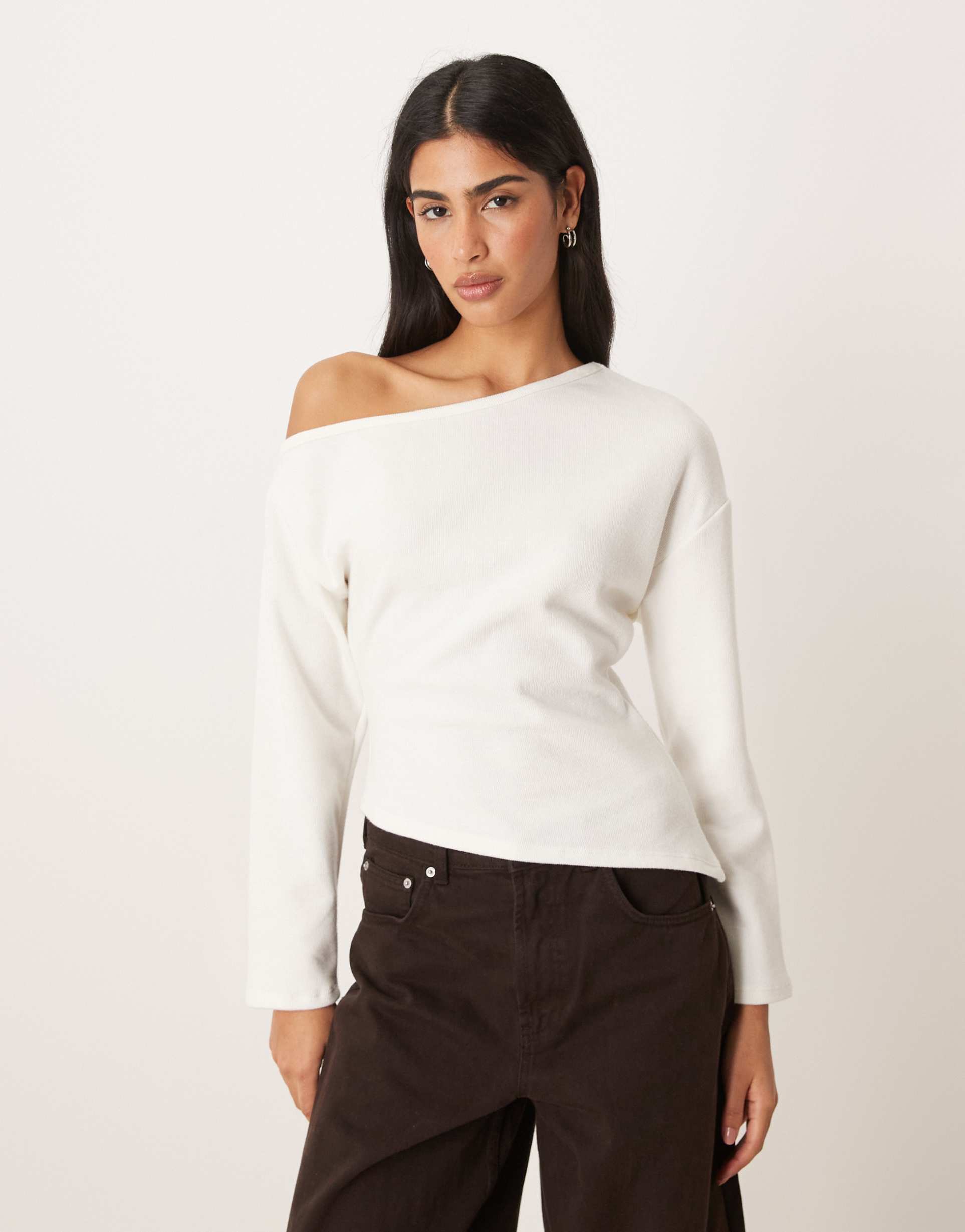 asos design supersoft touch off the shoulder corset waist long sleeve top in winter white