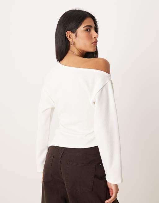 ASOS DESIGN supersoft touch off the shoulder corset waist long sleeve top in winter white