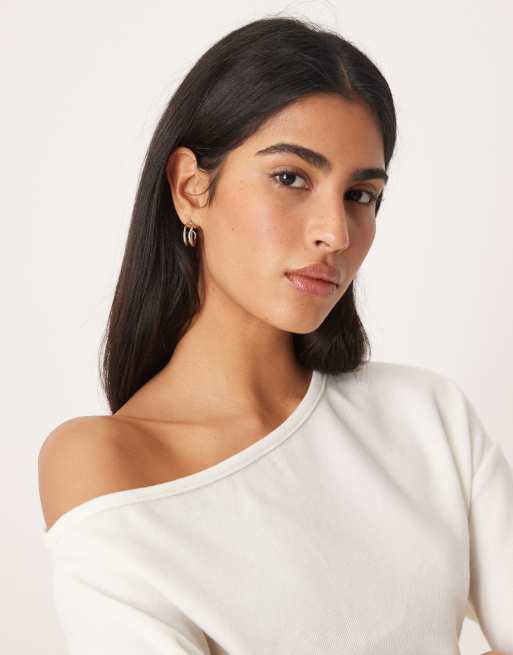ASOS DESIGN supersoft touch off the shoulder corset waist long sleeve top in winter white