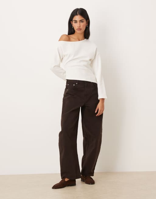 ASOS DESIGN supersoft touch off the shoulder corset waist long sleeve top in winter white