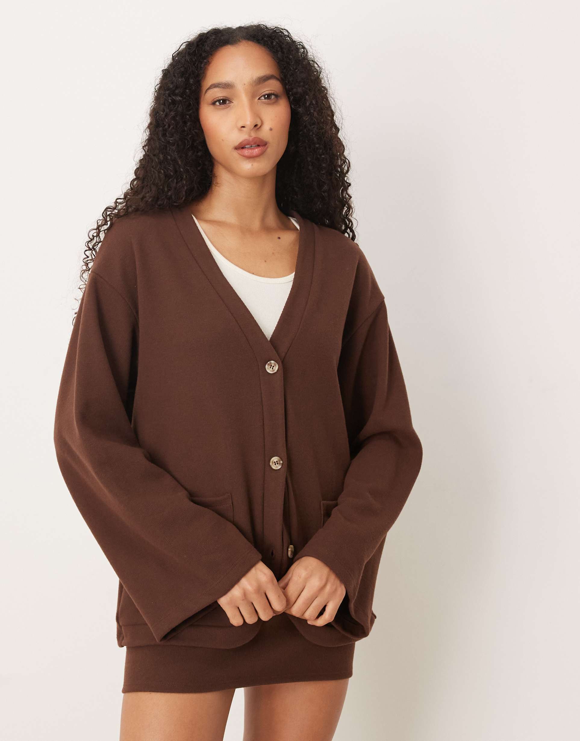 asos design supersoft touch oversized cardigan in chocolate - part of a set