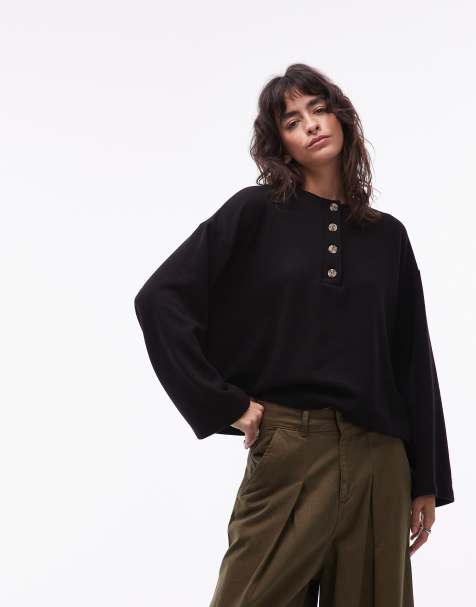 ASOS DESIGN Supersoft touch oversized henley top in black - view 1