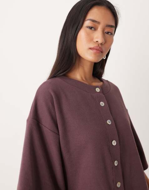 ASOS DESIGN Supersoft touch short sleeve cardigan in plum (part of a set) - view 1