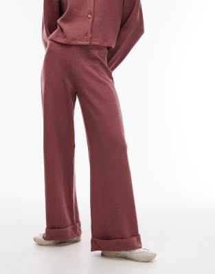 Asos Design Supersoft Touch Wide Leg Pants With Turn Up Hem In Red