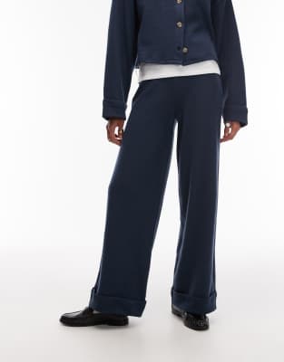 Asos Design Supersoft Touch Wide Leg Pants With Turn Up Hem In Blue