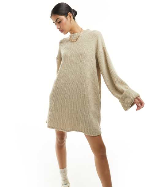 ASOS DESIGN supersoft turn back cuff mini sweat dress in oat - view 1