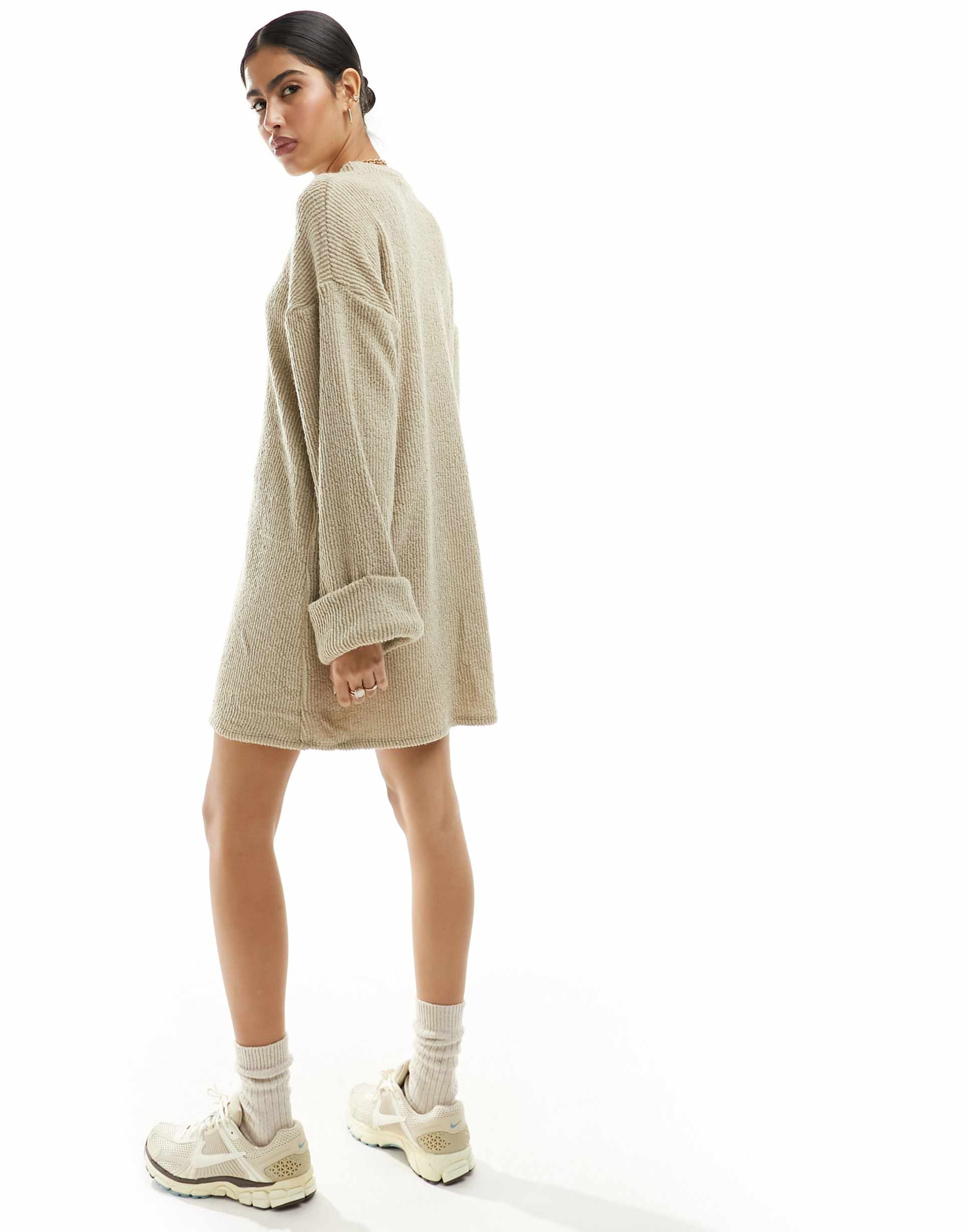 asos design supersoft turn back cuff mini sweat dress in oat