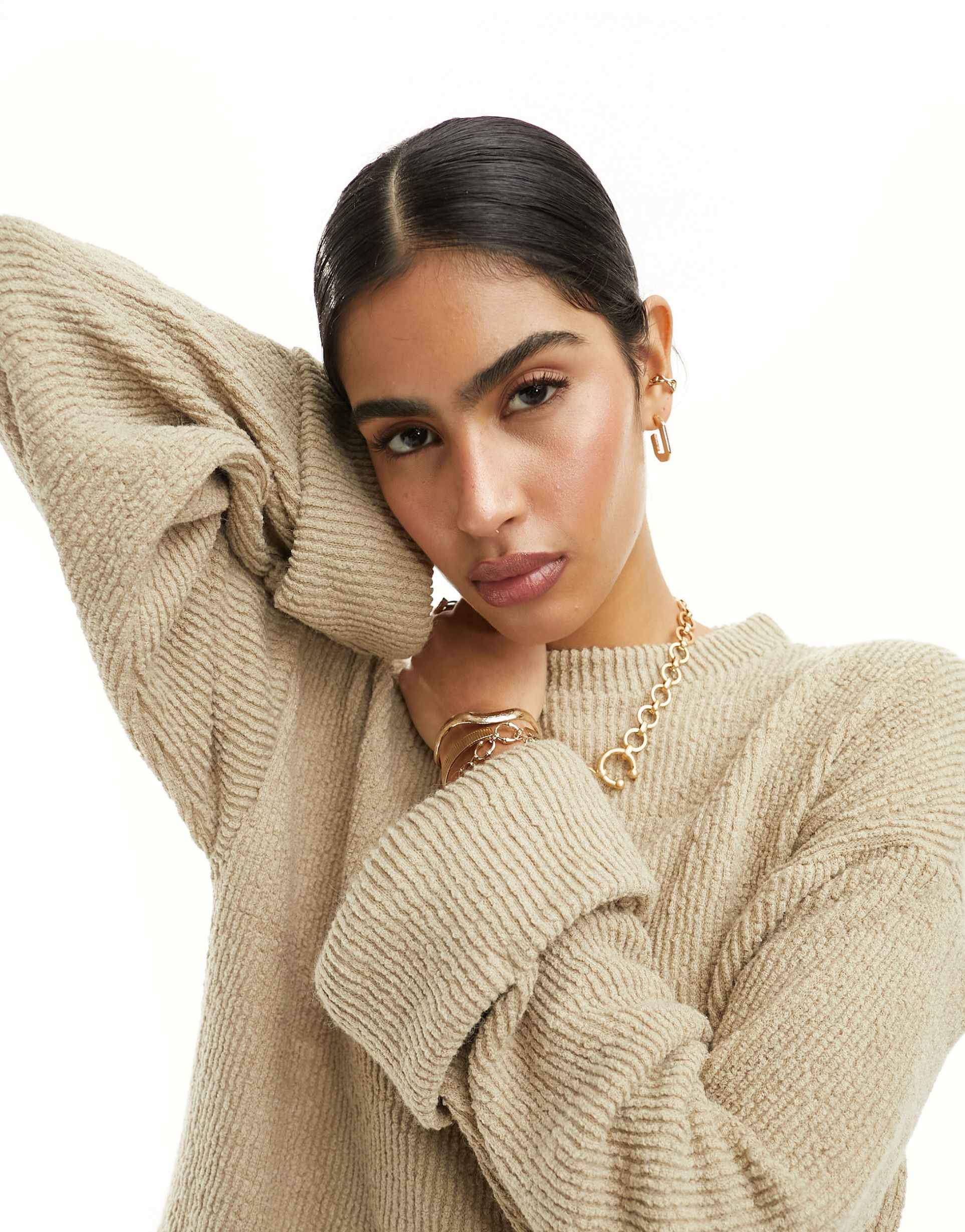 asos design supersoft turn back cuff mini sweat dress in oat
