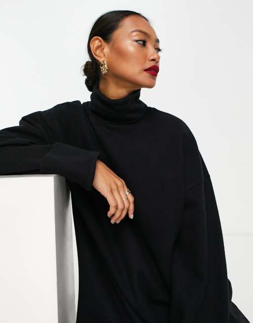 ASOS DESIGN supersoft turned cuff roll neck mini jumper dress in black, 4 of 4