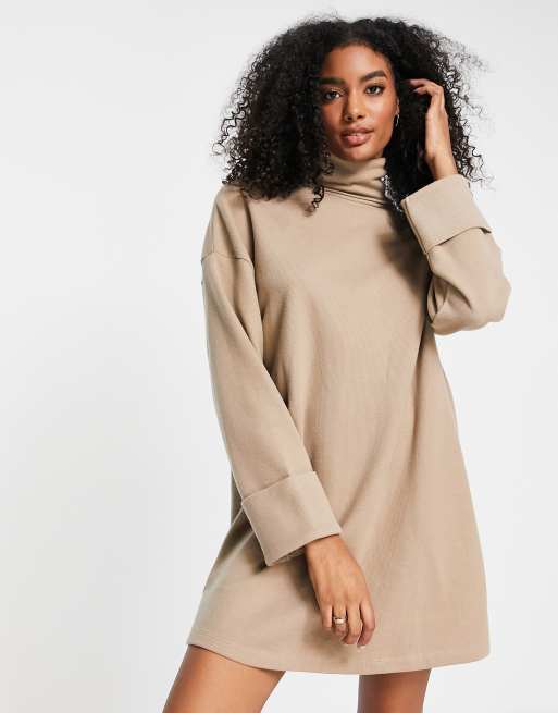 ASOS DESIGN supersoft turned cuff roll neck mini jumper dress in camel - CAMEL