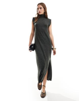 Asos Design Supersoft Turtle Neck Maxi Dress With Shoulder Pads In Charcoal-gray