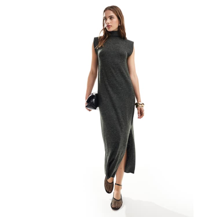 ASOS DESIGN supersoft turtle neck maxi dress with shoulder pads in charcoal