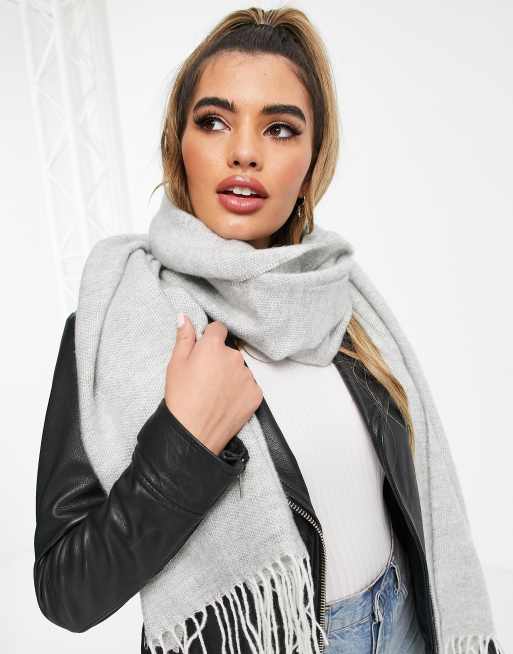 ASOS DESIGN supersoft two tone long woven scarf with tassels in ice grey