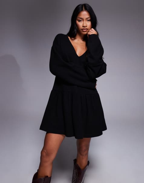 ASOS DESIGN supersoft V front dropped waist mini dress in black - view 1