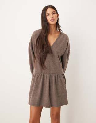 ASOS DESIGN ASOS DESIGN supersoft V front dropped waist mini dress in chocolate-Brown