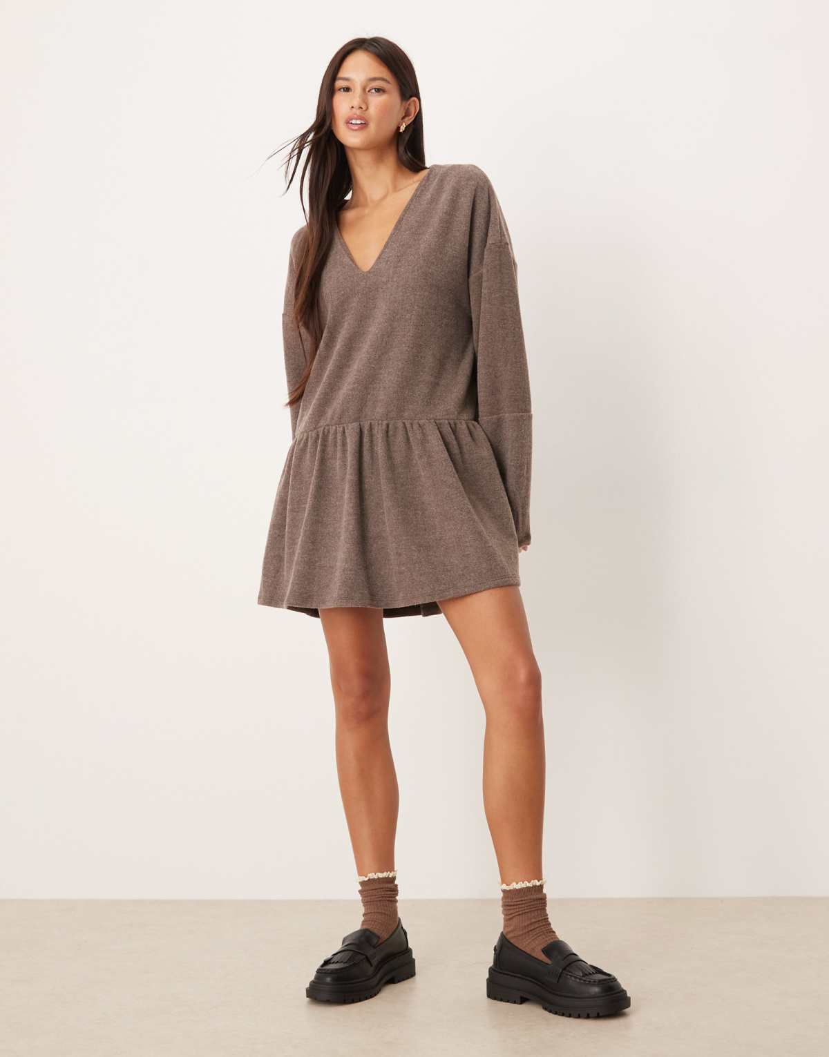 ASOS DESIGN supersoft V front dropped waist mini dress in chocolate