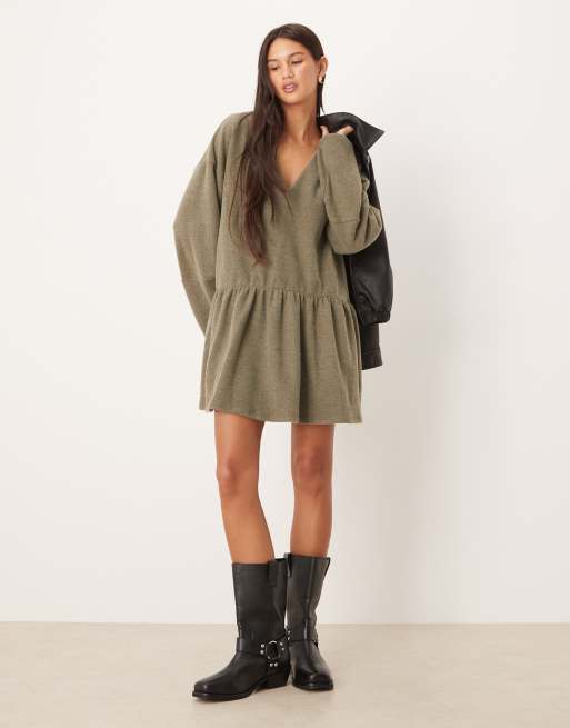ASOS DESIGN supersoft v front dropped waist mini dress in khaki green, 2 of 4
